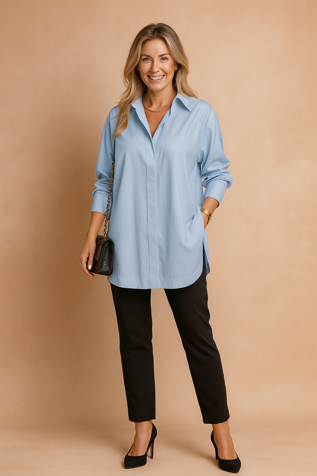 Stylish women's long sleeve oversized blouse, an elegant button-up shirt perfect for professional or casual wear.