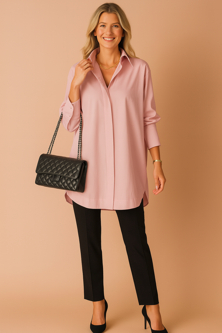 Fashionable women's oversized shirt with a classic collar, an elegant long sleeve blouse for versatile styling.