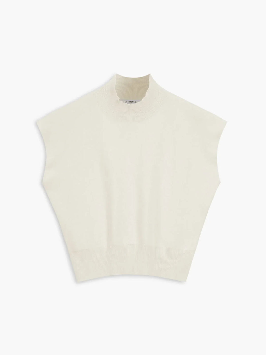 Smart casual women's top: mock neck, padded shoulders, cap sleeves. Elegant & structured.