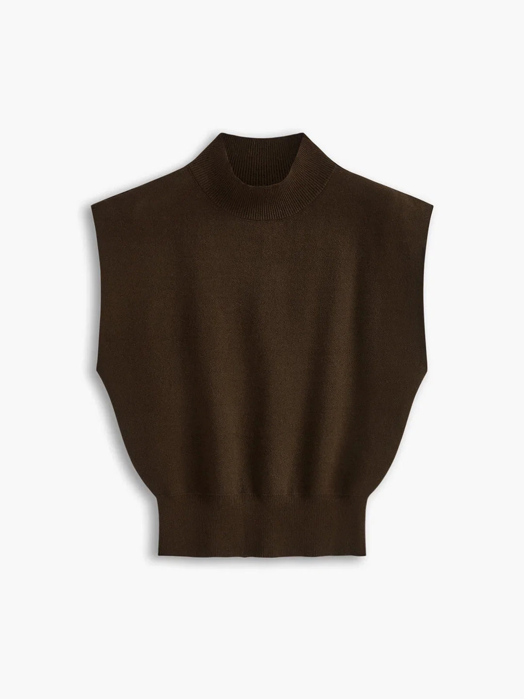 Structured women's top: elegant mock neck, padded shoulders, and flattering cap sleeves.