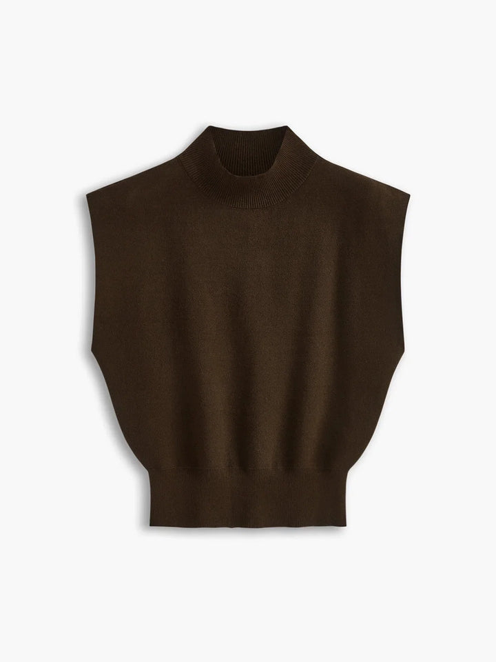 Structured women's top: elegant mock neck, padded shoulders, and flattering cap sleeves.