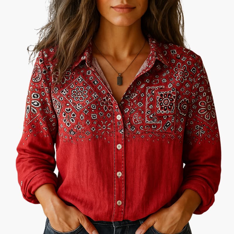 Elegant women's paisley long sleeve blouse, perfect for office or casual wear.