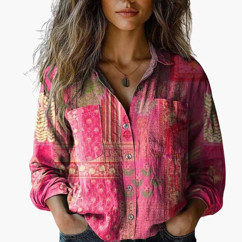 Chic paisley long sleeve blouse for women, a vibrant and elegant top perfect for office or fashion.