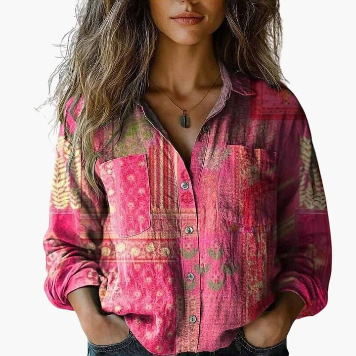 Chic paisley long sleeve blouse for women, a vibrant and elegant top perfect for office or fashion.