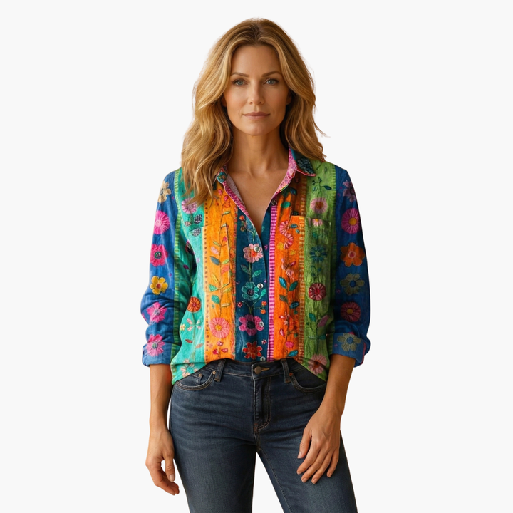 Beautiful paisley pattern on a women's long sleeve blouse, an elegant and fashionable addition to your wardrobe.