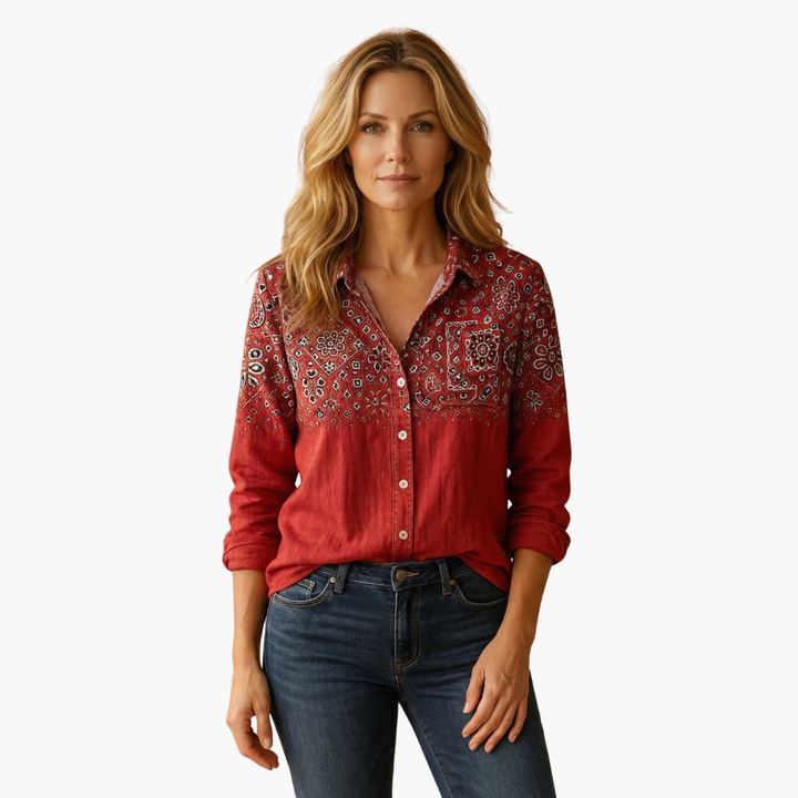 Chic women's long sleeve blouse featuring a vibrant paisley pattern, ideal for fashion-forward ladies.