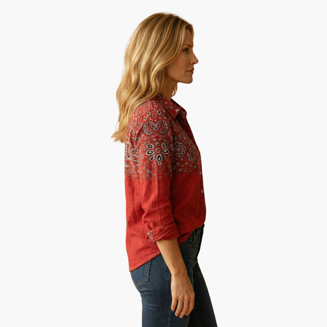 Colorful paisley long sleeve top for women, an elegant addition to everyday or office attire.