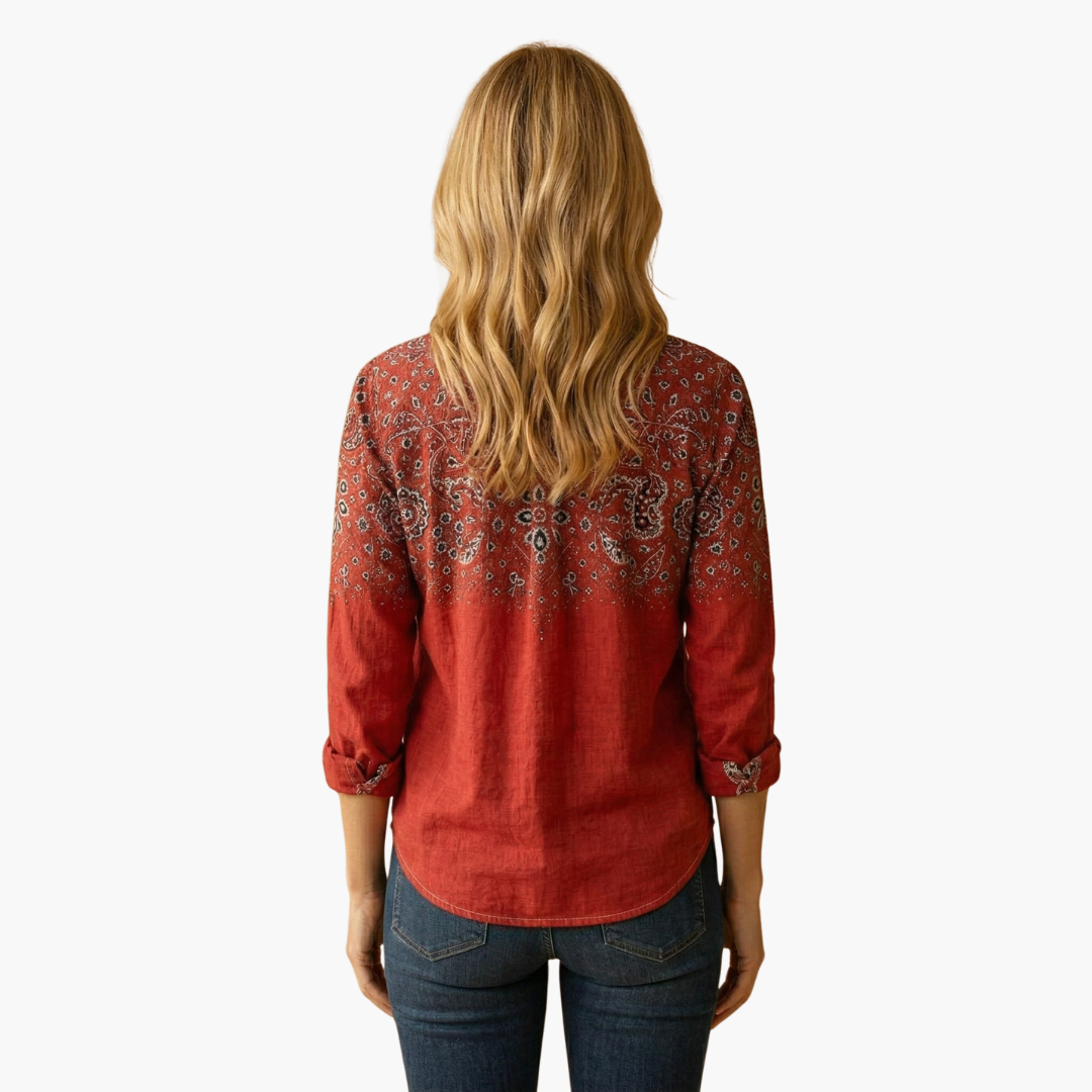 Sophisticated ladies' long sleeve blouse in an elegant paisley print, suitable for chic everyday style.