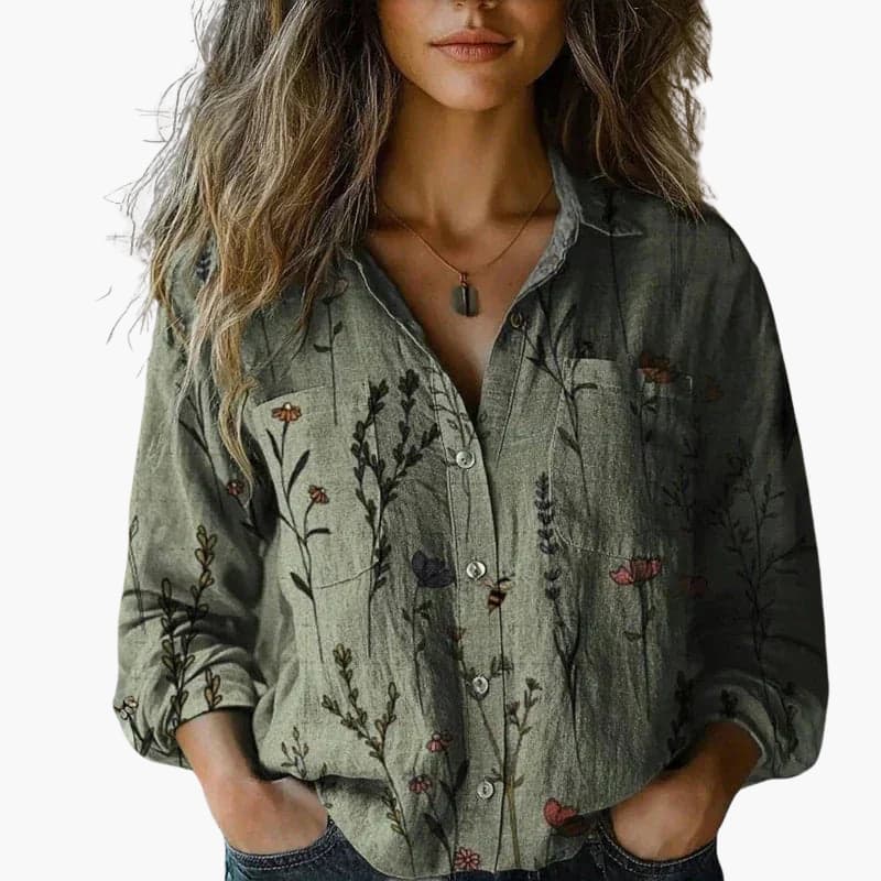 Stylish long sleeve women's blouse with a beautiful paisley pattern, a comfortable yet elegant top.