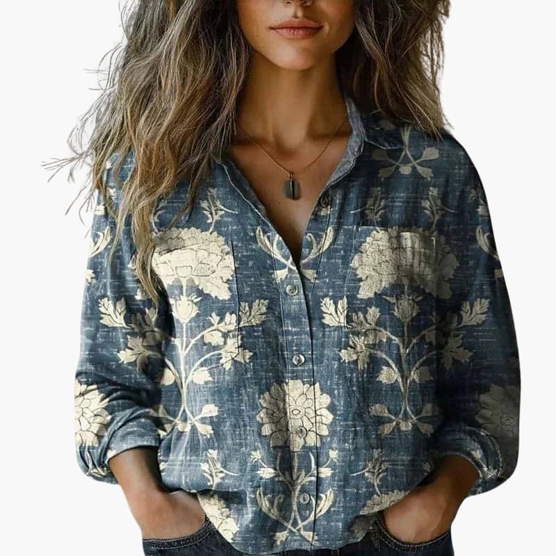 Fashionable ladies' paisley long sleeve top, a colorful and chic blouse for women's everyday style.