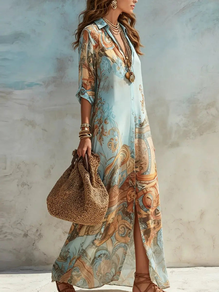 Bohemian women's maxi shirt dress with paisley print. Effortless summer style, ideal for beachwear or holidays.