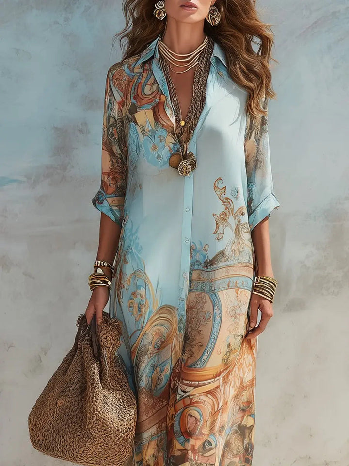 Comfortable women's paisley maxi shirt dress. Perfect for stylish summer resort wear and relaxed holiday fashion.