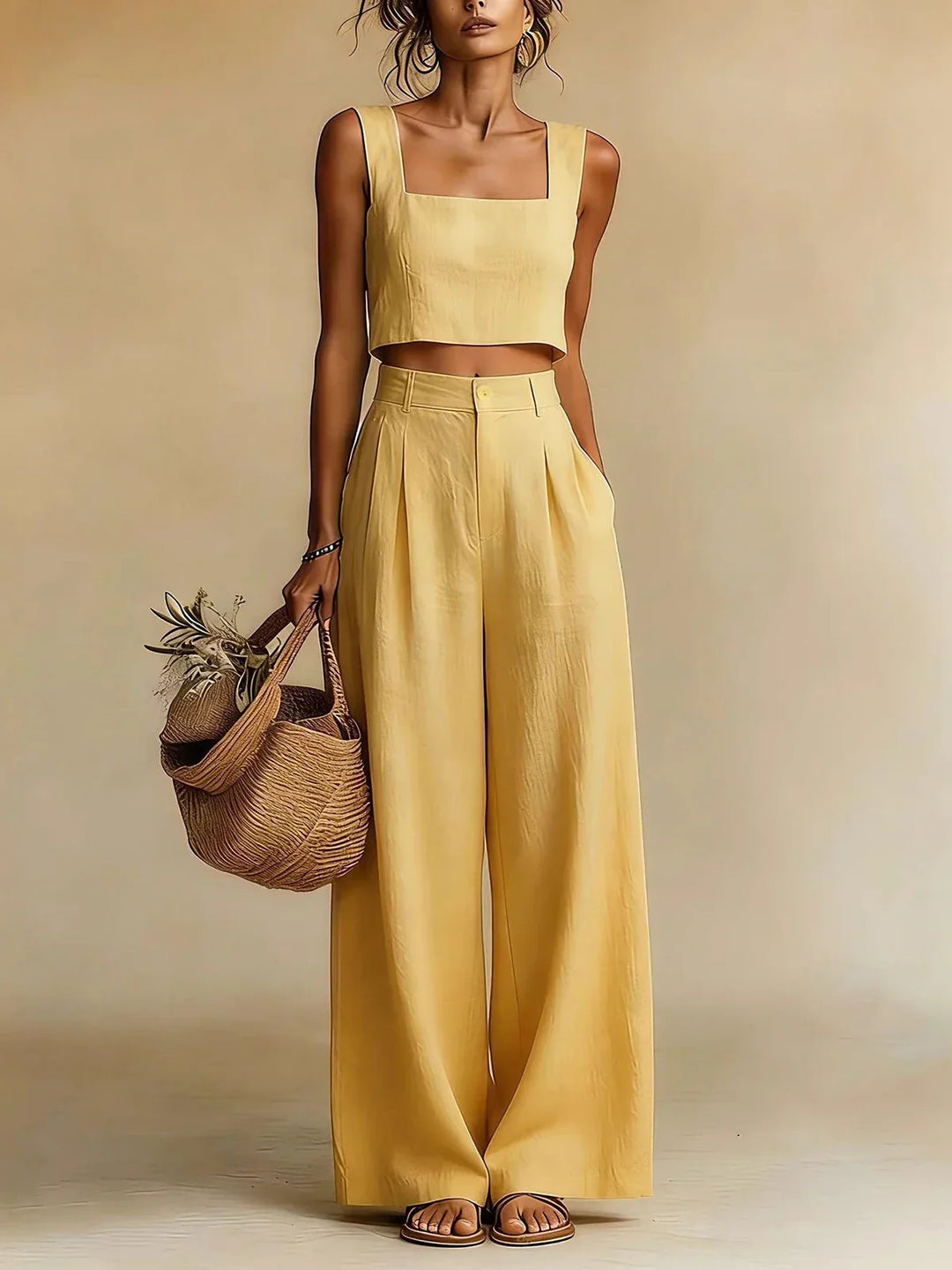 Elegant women's palazzo two-piece set, perfect for summer casual or chic holiday wear, featuring wide-leg pants.