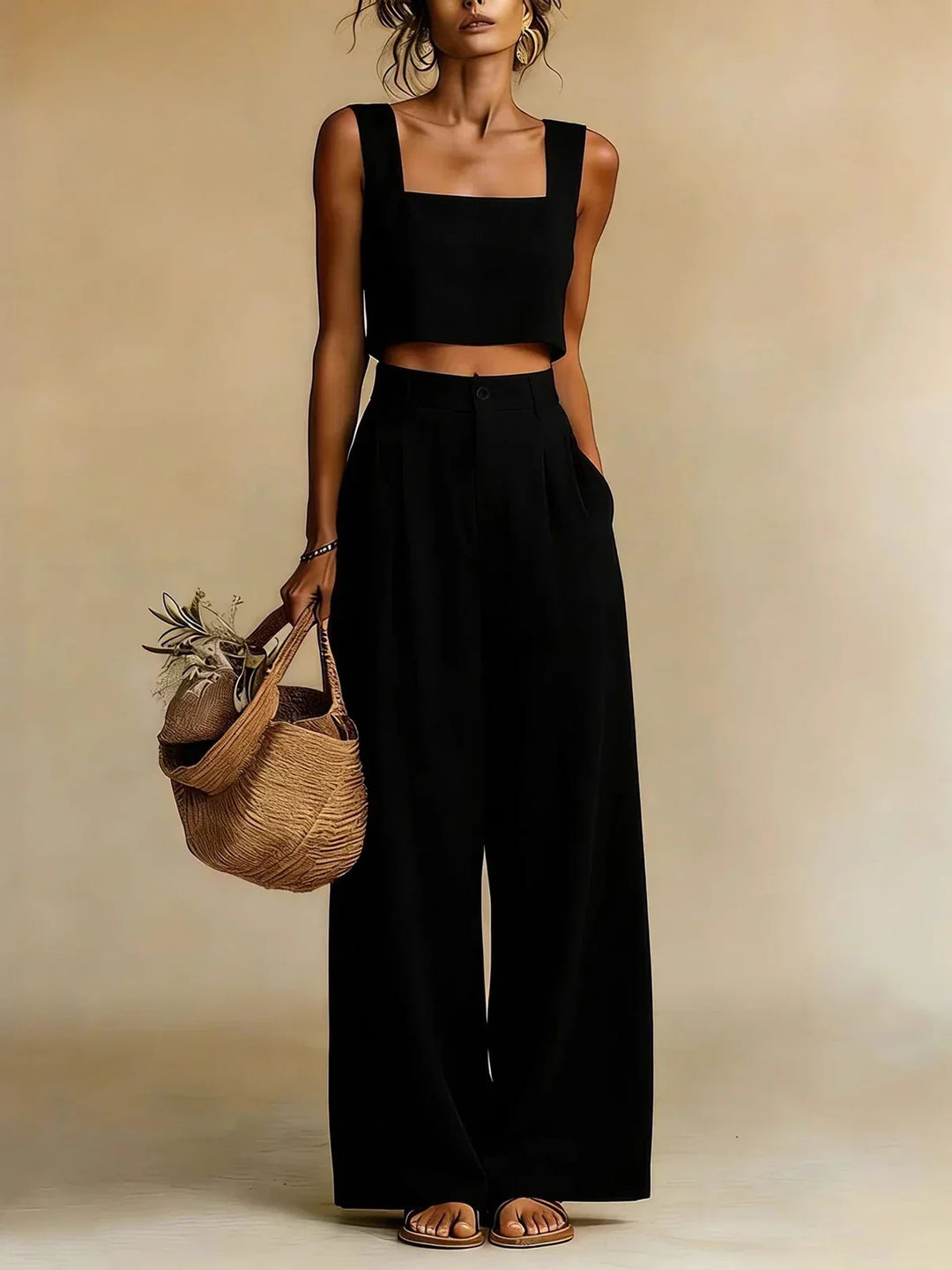 Comfortable chic women's two-piece palazzo set, ideal for summer outfits or elegant casual fashion.