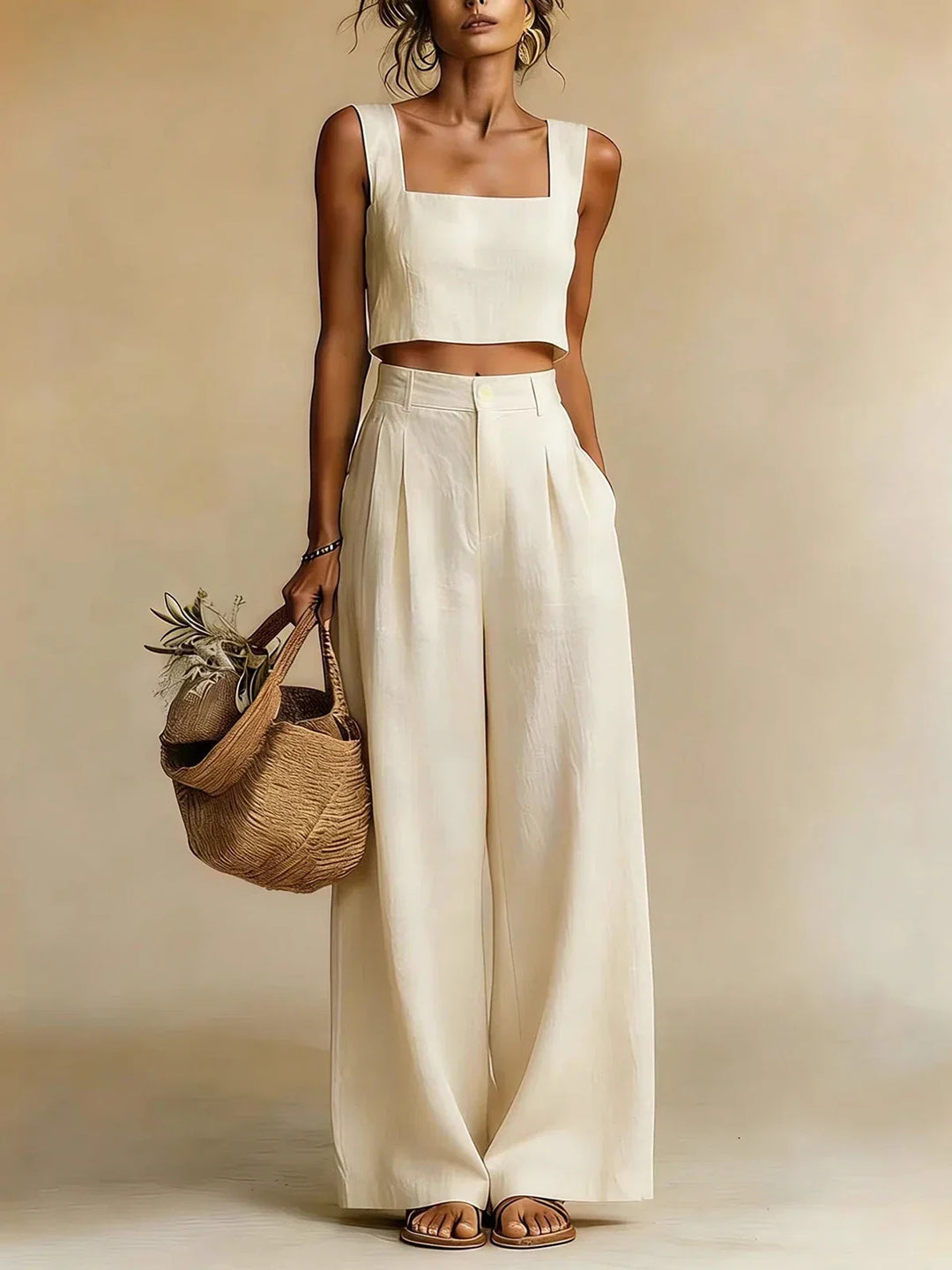 Stylish women's palazzo two-piece set for summer holidays, offering an elegant yet casual and comfortable look.