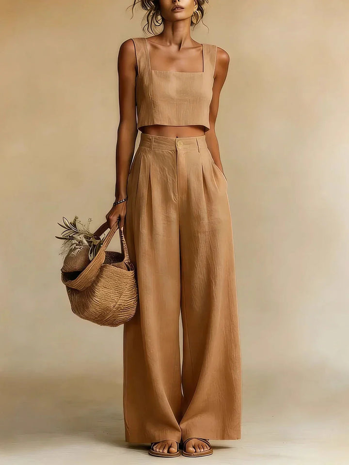 Chic women's two-piece palazzo set, a versatile summer outfit blending elegance with casual comfort.