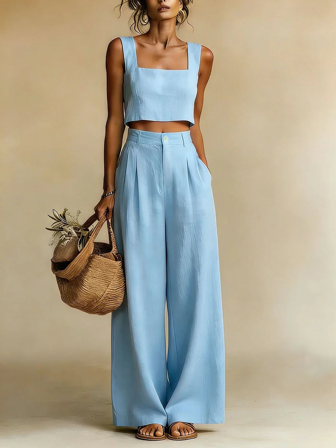 Lightweight women's palazzo two-piece set, designed for breezy summer comfort and elegant holiday style.