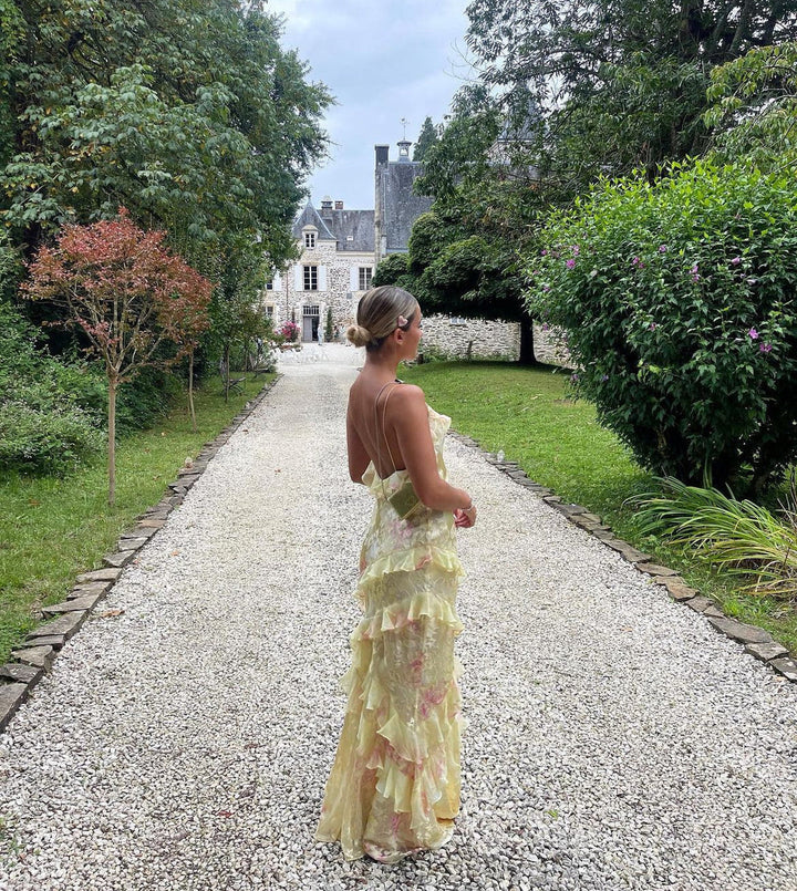 Women's special occasion evening dress, a beautiful pastel ruffle maxi design.