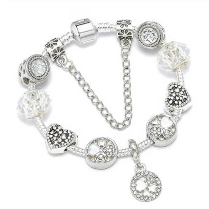 Versatile women's charm bracelet with delicate peach blossoms. Available in stylish blue, pink, or white options.