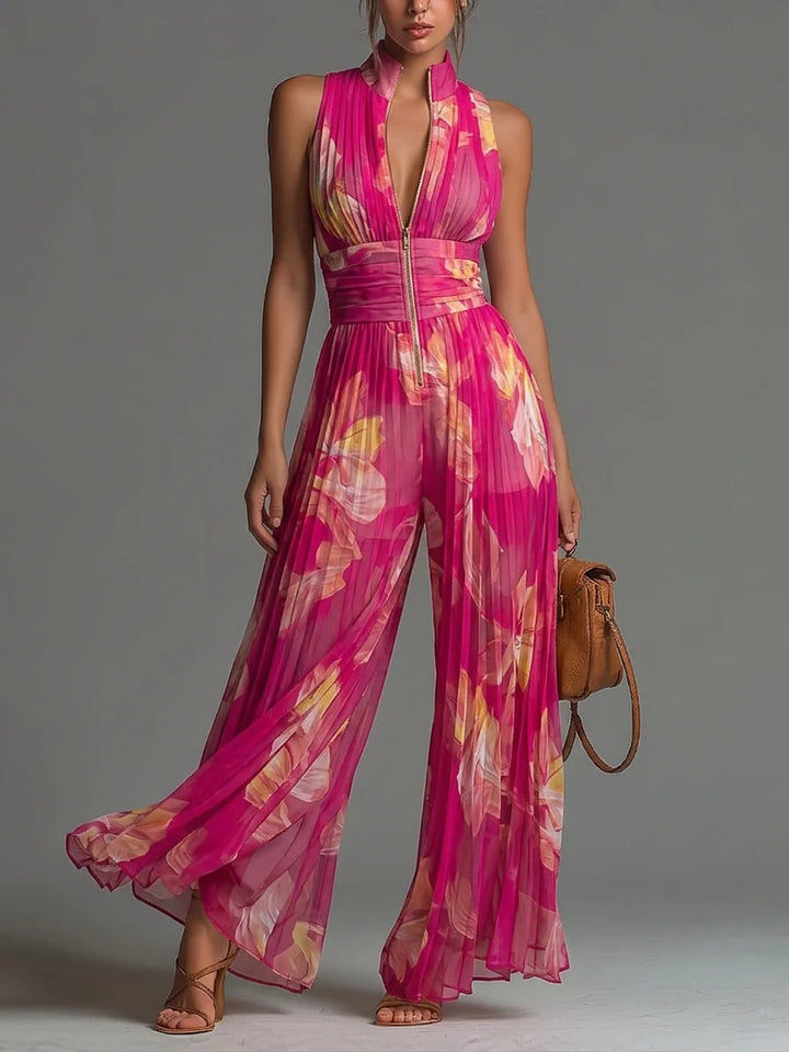 Elegant women's pink floral halter wide leg jumpsuit, perfect for evening wear or party occasions.