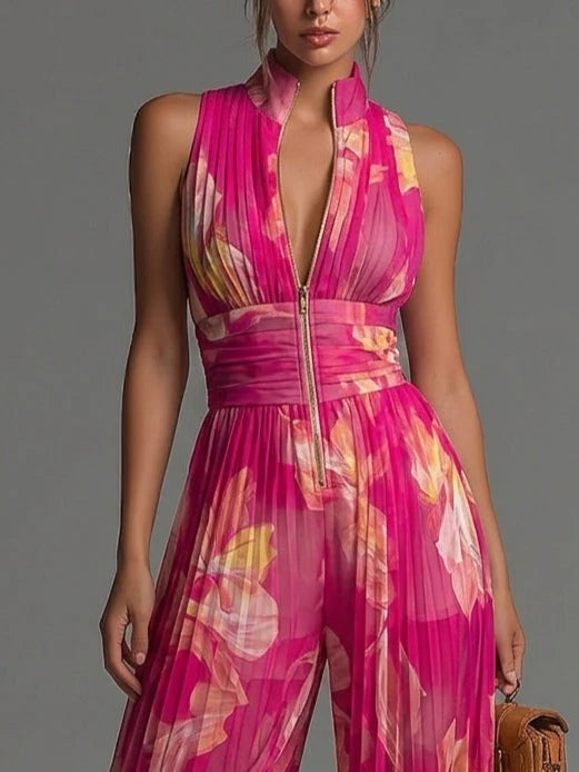 Chic pink floral print halter neck wide leg jumpsuit for women, a stylish choice for parties & special occasions.