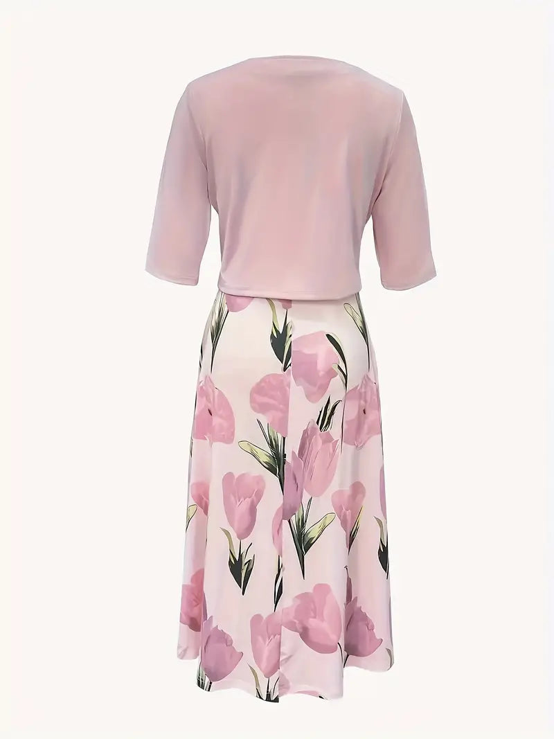 Vibrant pink floral print maxi dress and coordinated jacket, a stylish women's spring/summer fashion set.