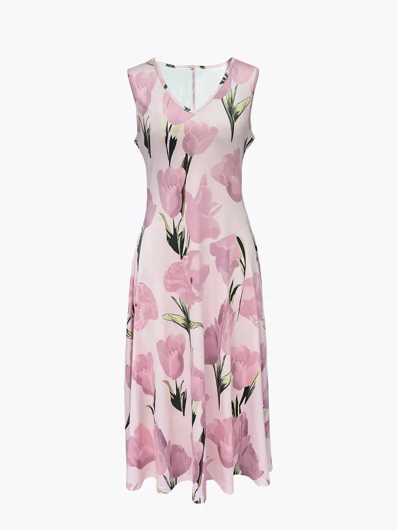 Fashionable women's pink floral maxi dress with elegant matching jacket, ideal for casual or dressy looks.