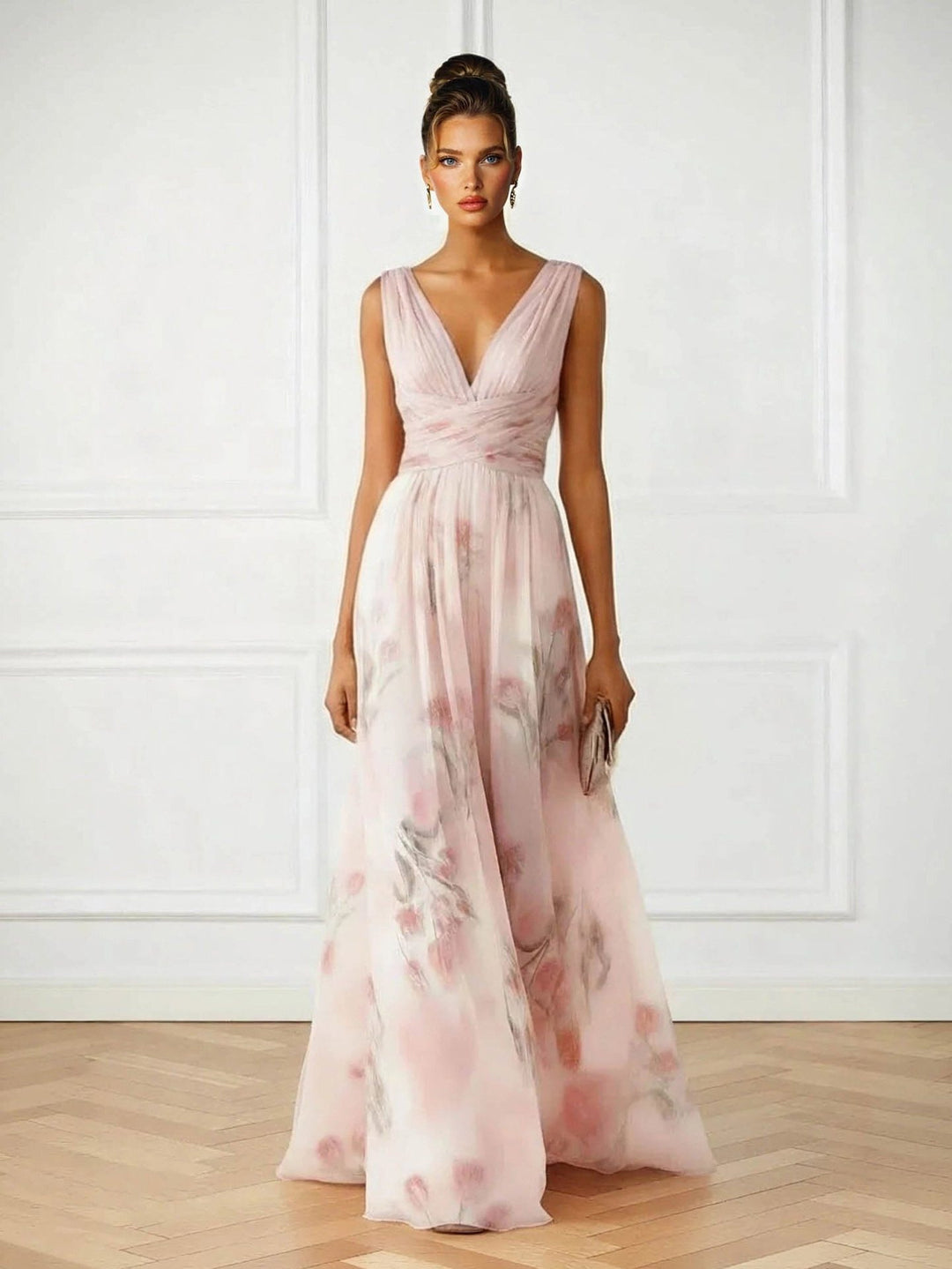 Elegant women's pink floral V-neck maxi dress, perfect for wedding guests & formal occasions. Sleeveless & long.