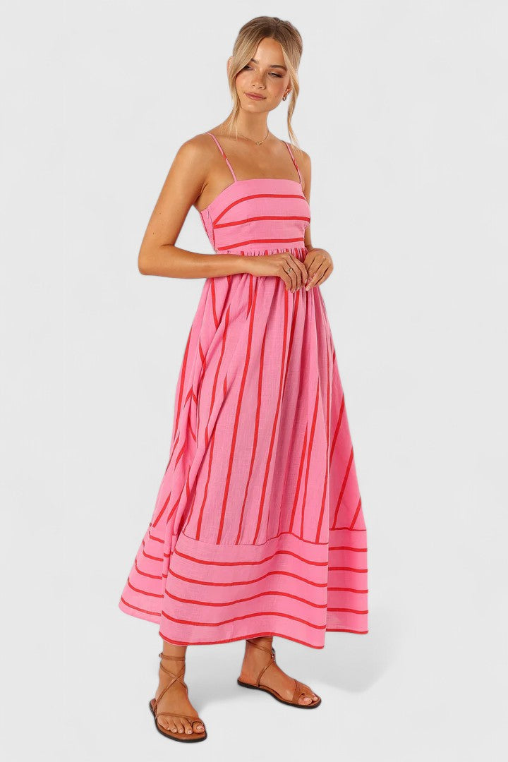 Versatile pink maxi dress, an elegant long dress for women, perfect for day-to-night fashion and summer events.