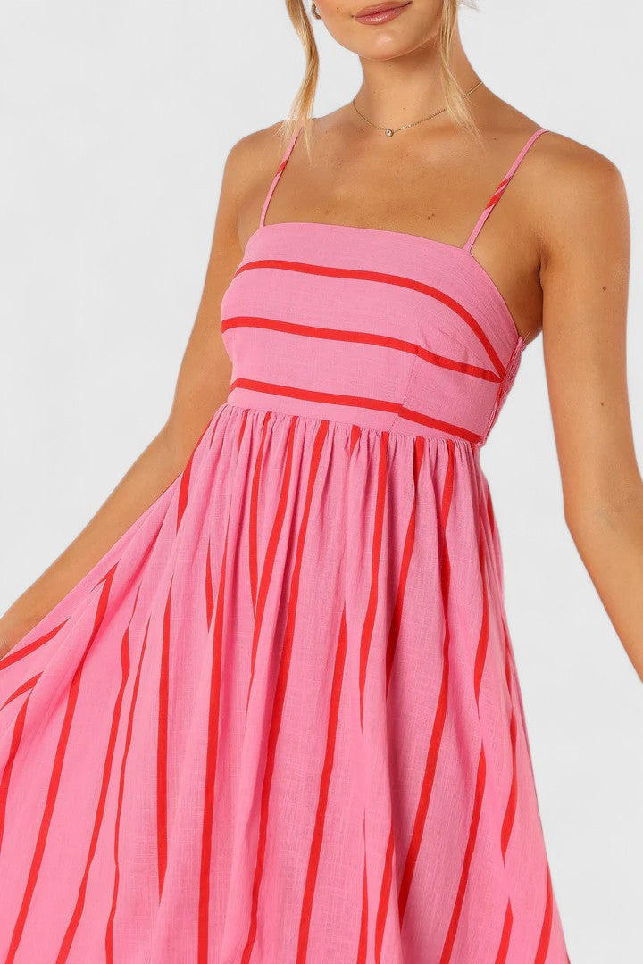 Flowy pink summer maxi dress for women, offering versatile style from casual elegance to evening wear.