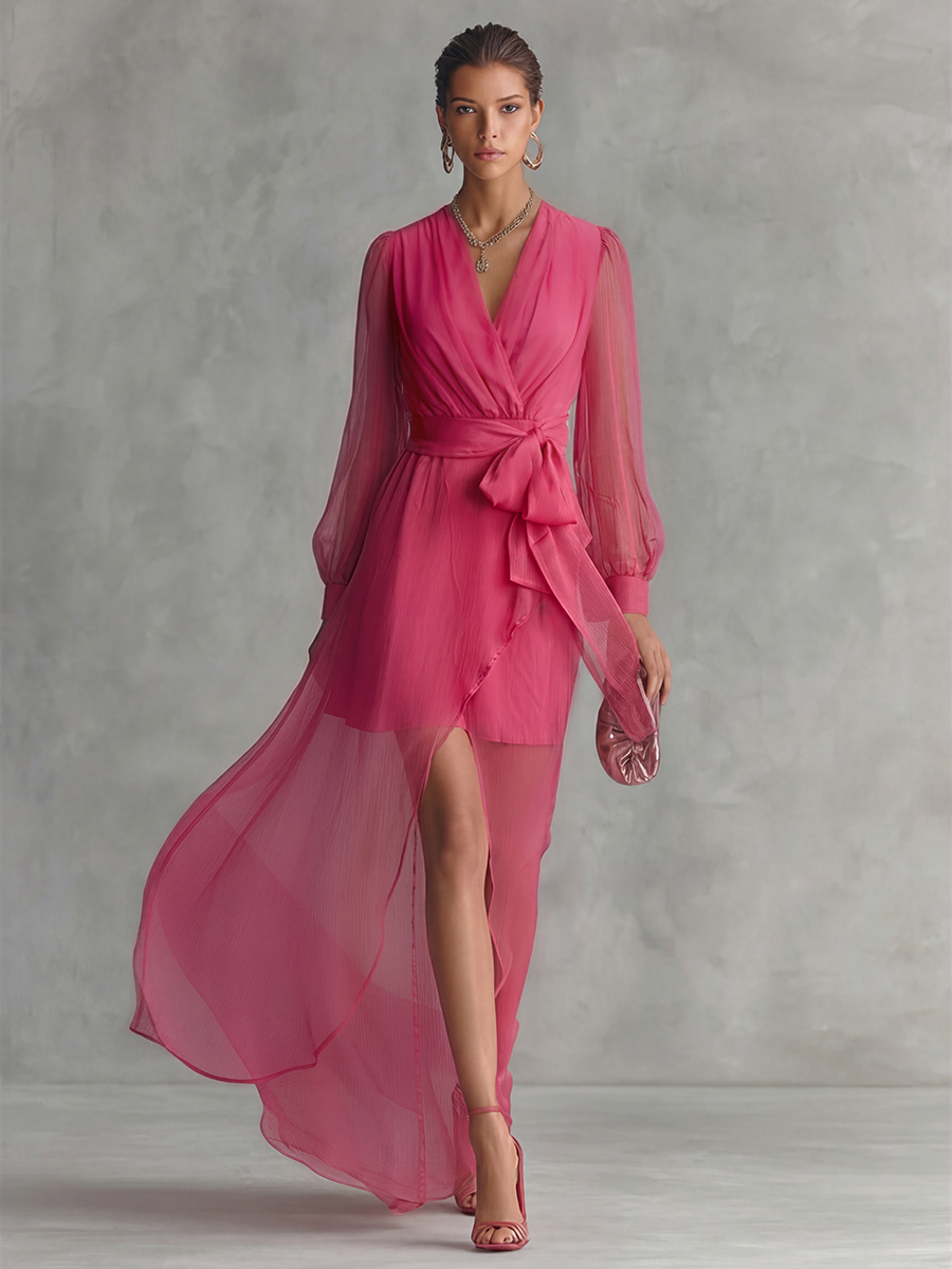 Formal pink evening gown for women, featuring a plunging V-neck, long sleeves, tie waist, and flowing A-line design.