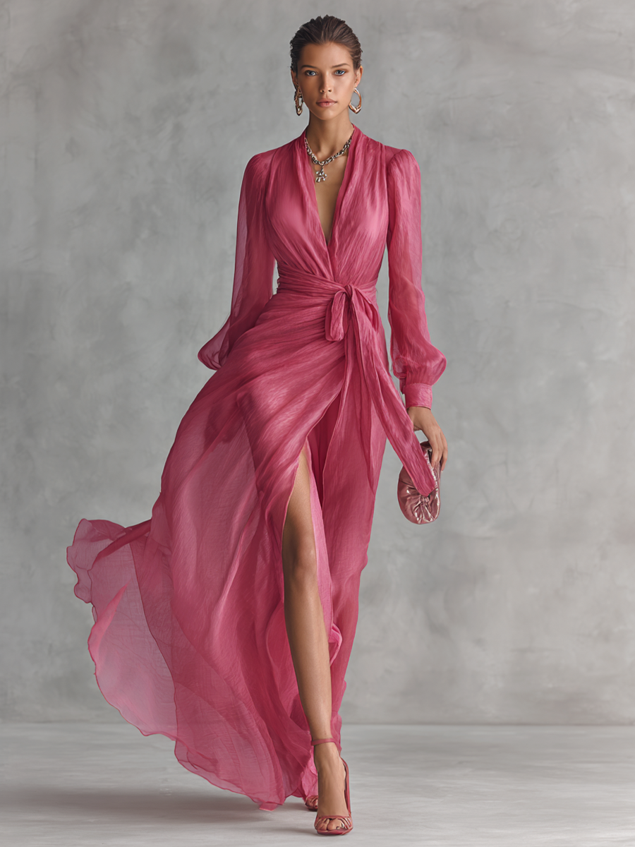 Pink formal gown for women, elegant with a plunging neck, long sleeves, tie-waist, and a sophisticated floor-length design.