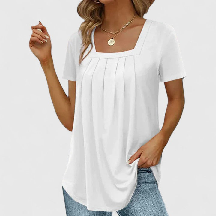 Women's fashionable pleated short sleeve blouse with a flattering square neckline, ideal for summer.