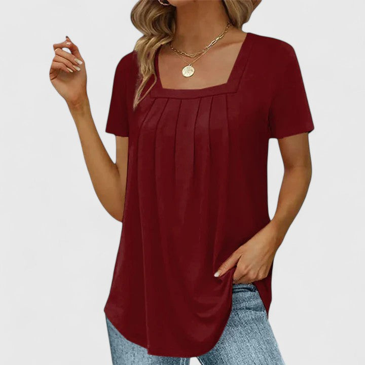 Chic women's pleated square neck blouse, short sleeve summer fashion, suitable for work or casual.