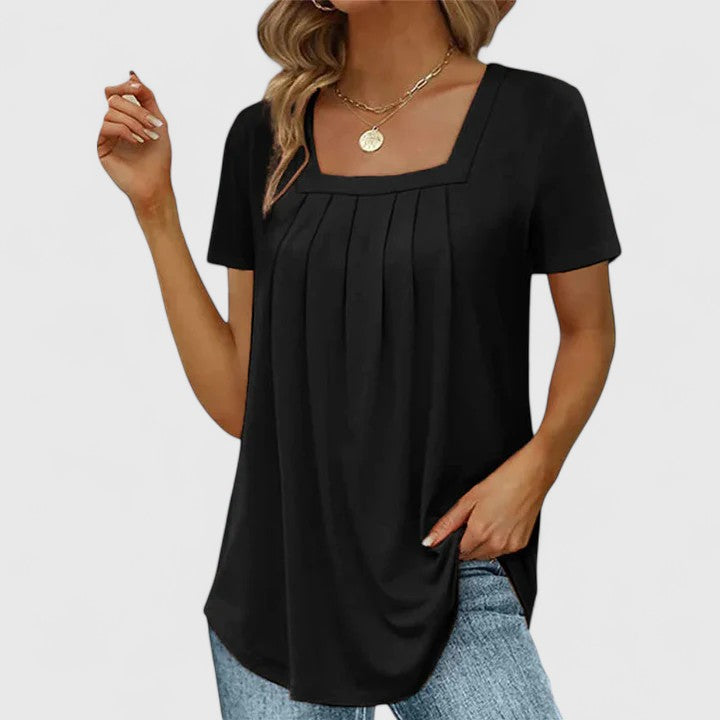 Fashionable women's summer blouse, elegant pleats & square neckline, short sleeve for a breezy feel.