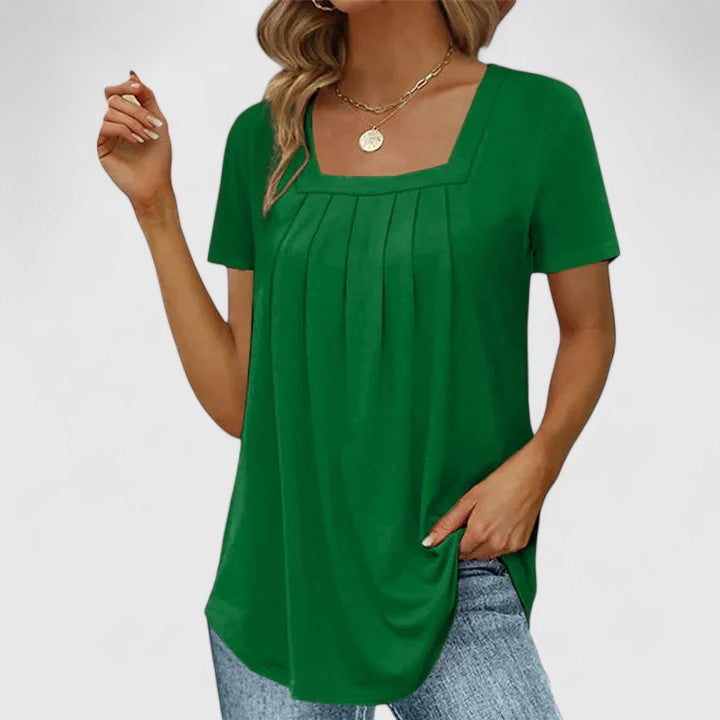 Versatile women's pleated square neck top, short sleeve, perfect for elegant summer workwear.