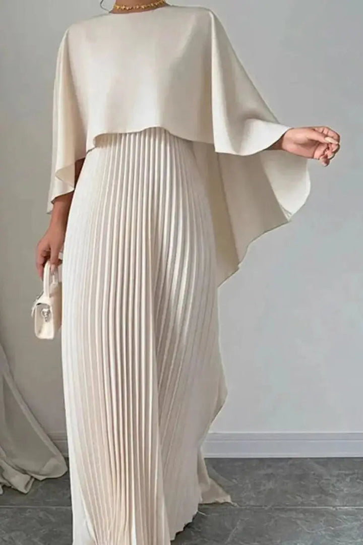 Elegant women's pleated cape maxi evening gown in a formal style for special occasions & wedding guests.