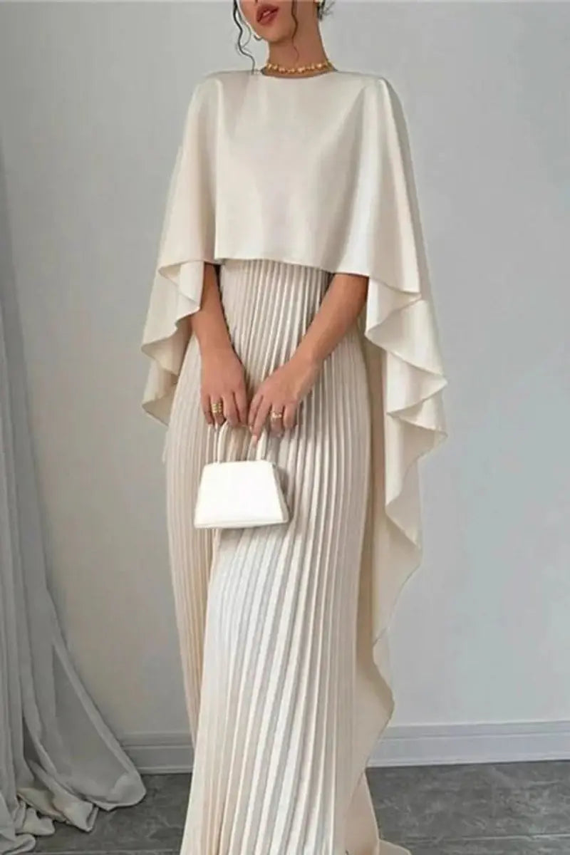 Women's sophisticated pleated maxi evening gown featuring a chic cape design for elegant formal attire.