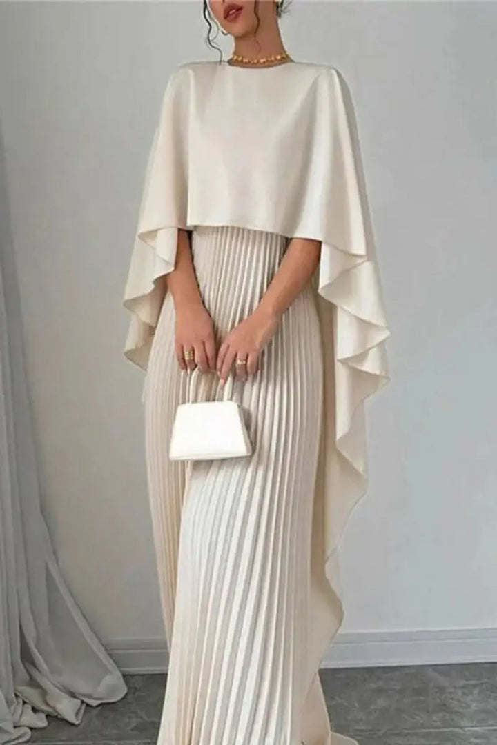 Women's sophisticated pleated maxi evening gown featuring a chic cape design for elegant formal attire.