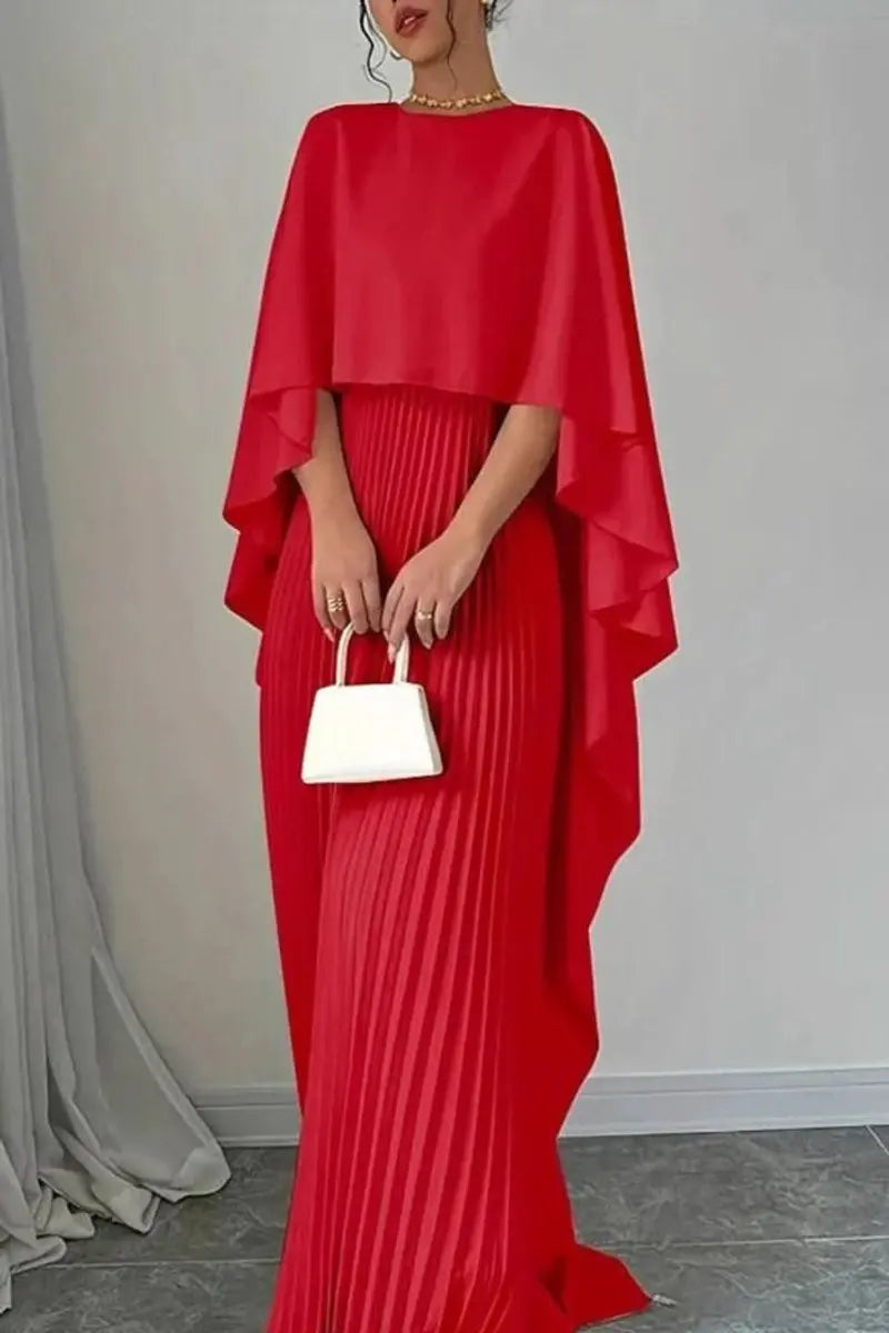 Chic women's cape maxi evening gown, beautifully pleated, ideal for formal parties, banquets & events.