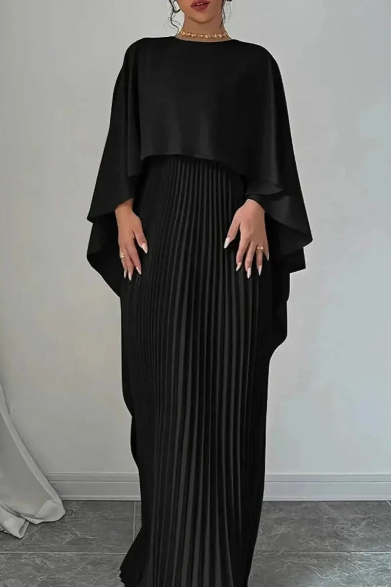 Glamorous women's formal pleated evening dress with a stylish cape, perfect for black-tie occasions.