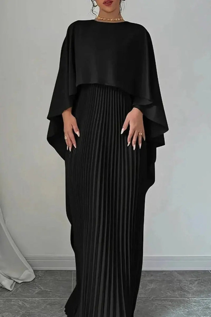 Glamorous women's formal pleated evening dress with a stylish cape, perfect for black-tie occasions.