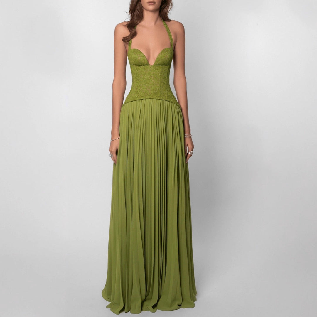 Elegant women's pleated halterneck maxi dress, perfect for a wedding guest or formal evening occasion.