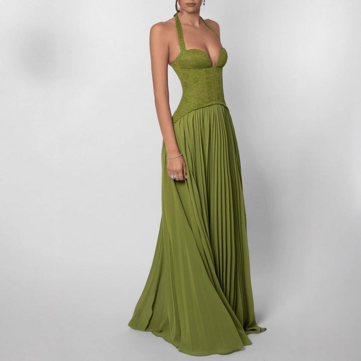 Flowing pleated maxi dress for women featuring a stylish halterneck and formal V-neck design.