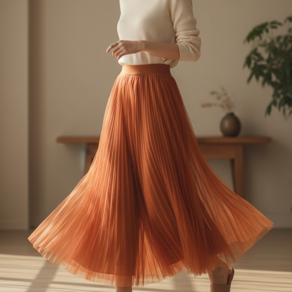 Elegant women's pleated high-waisted A-line midi skirt, perfect for smart casual or evening wear, with flowing fabric.