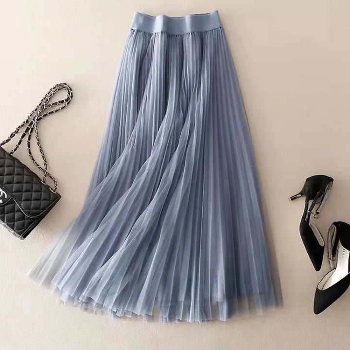 Chic women's high-waisted A-line pleated midi skirt, ideal for office, evening, or any smart casual women's apparel.