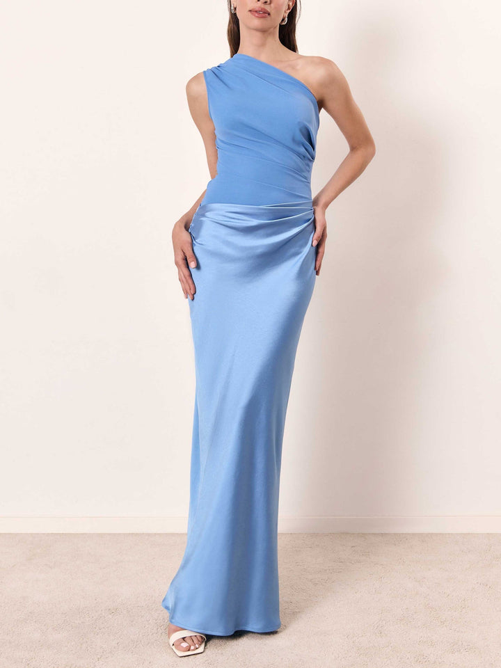 Stylish women's asymmetric pleated maxi dress, a chic choice for any wedding guest.