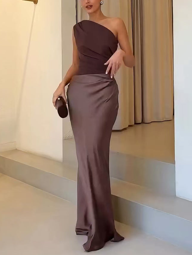 Women's elegant wedding guest maxi dress, featuring a beautiful pleated design & long silhouette.