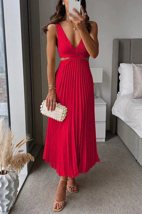 New elegant women's sleeveless maxi dress with a V-neck, flowing pleats & stylish cut-out waist. Perfect occasion wear.