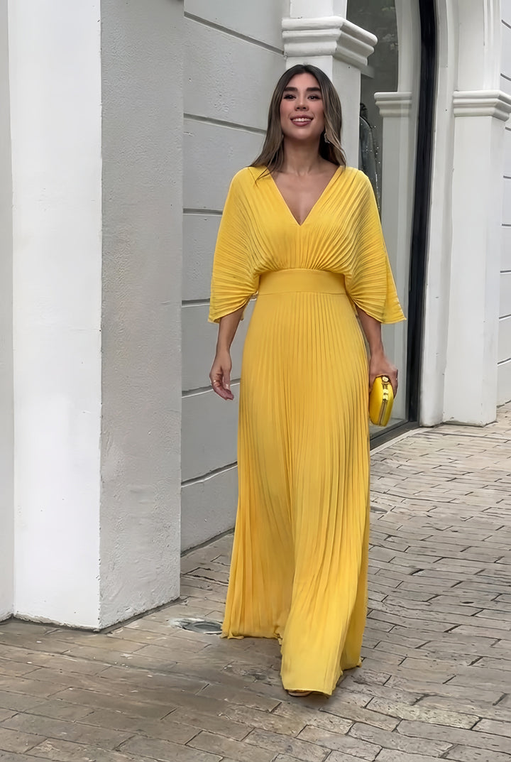 Elegant women's pleated maxi dress with chic kimono sleeves and flattering V-neck, perfect for formal occasions.